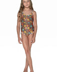 Girls One Piece Cross Back Swimsuit - Brown Floral - Poppy - Front