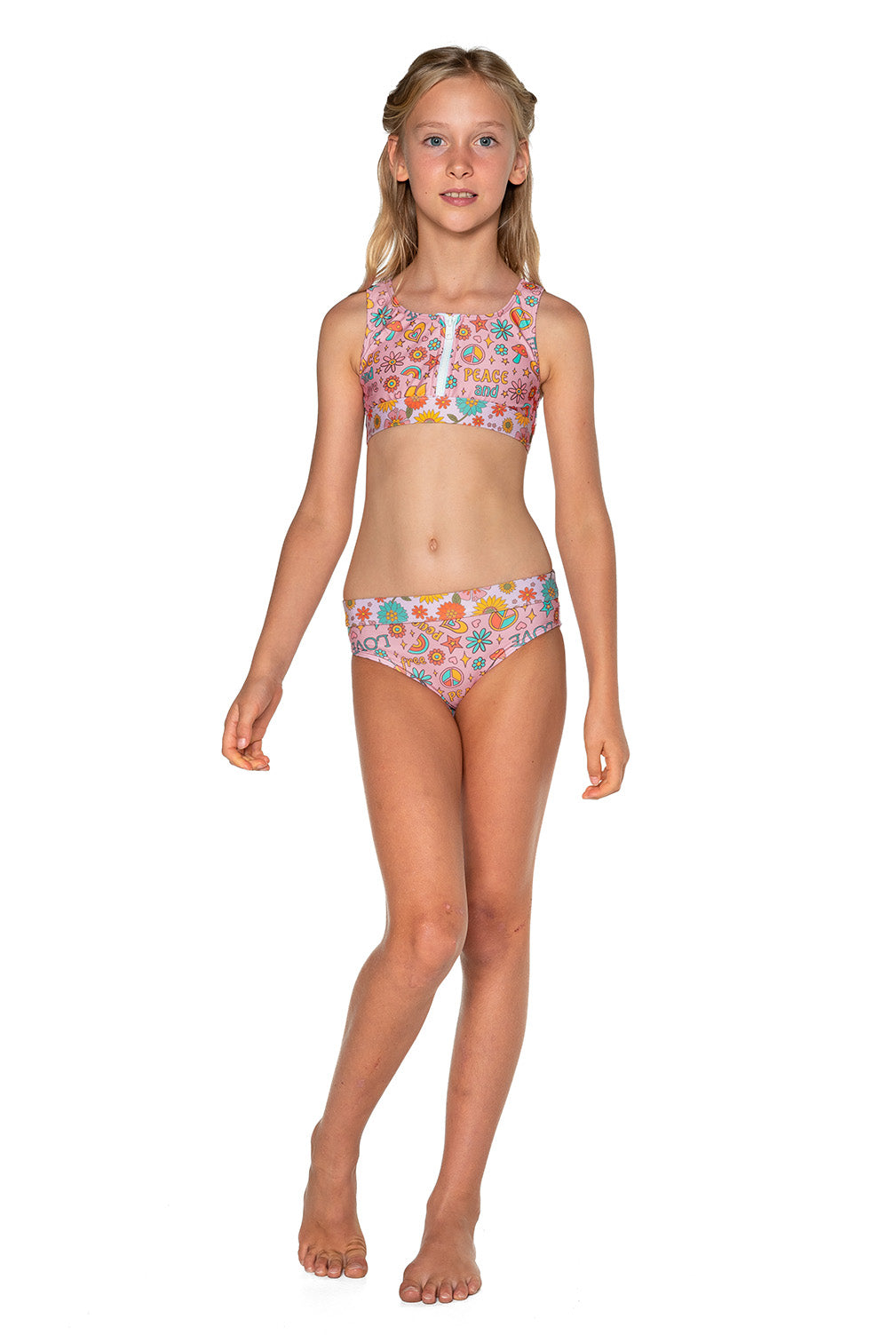 Girls Zip Bikini - Pink Retro - Dusty - Front