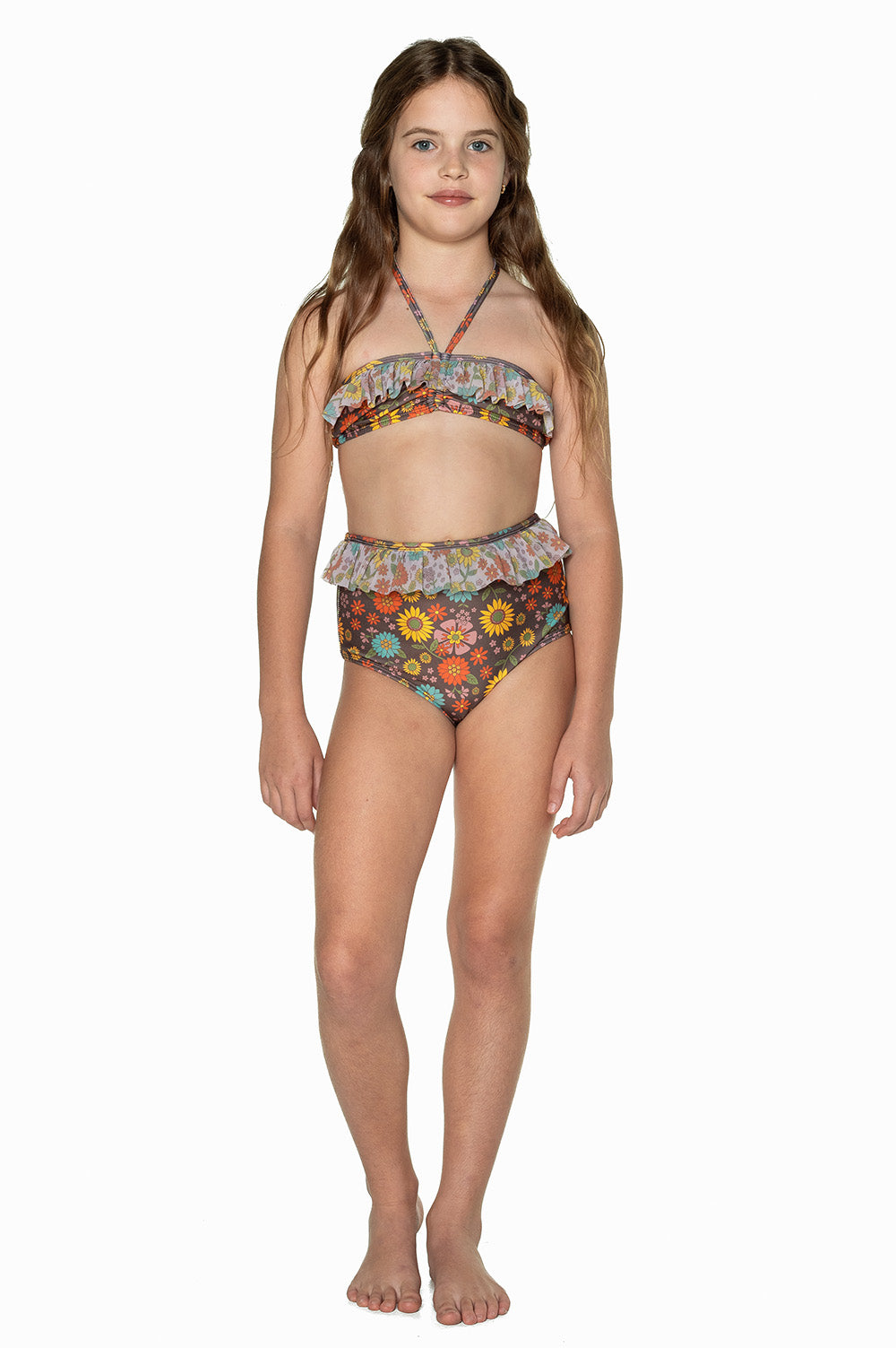 Girls High Waisted Bikini - Brown Floral - Poppy - Front