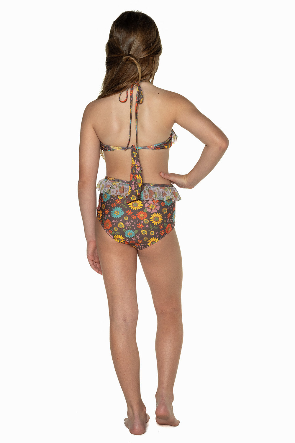 Girls High Waisted Bikini - Brown Floral - Poppy - Back