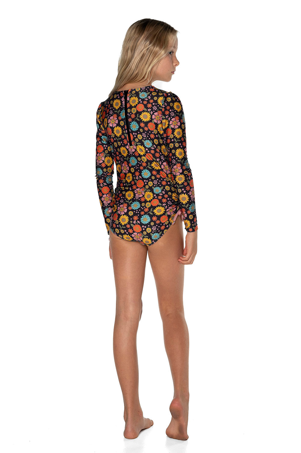 Girls Long Sleeve Swim Set - Black Floral - Daisy - Back