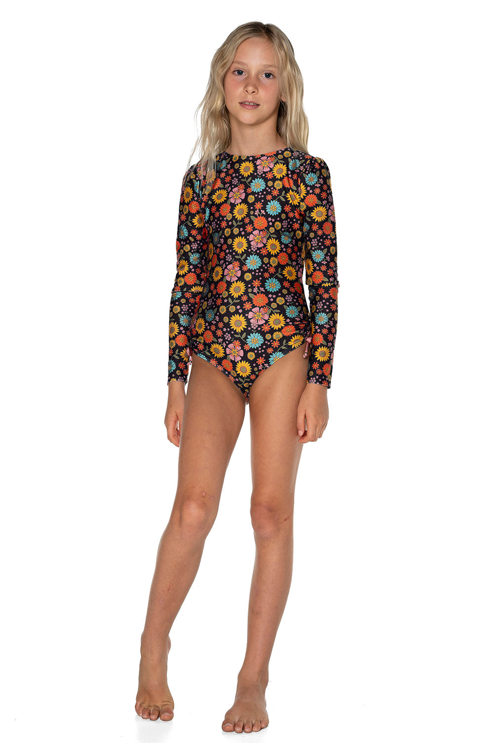 Girls Long Sleeve Swim Set - Black Floral - Daisy - Front