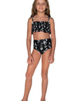 Girls Ruched High Waist Bikini - Black Floral - California - Front