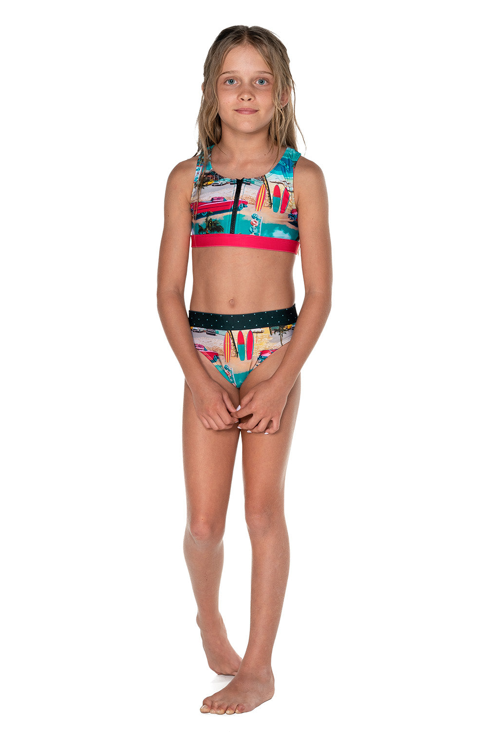 Girls Zip Surf Bikini - Retro Cadillac - Front