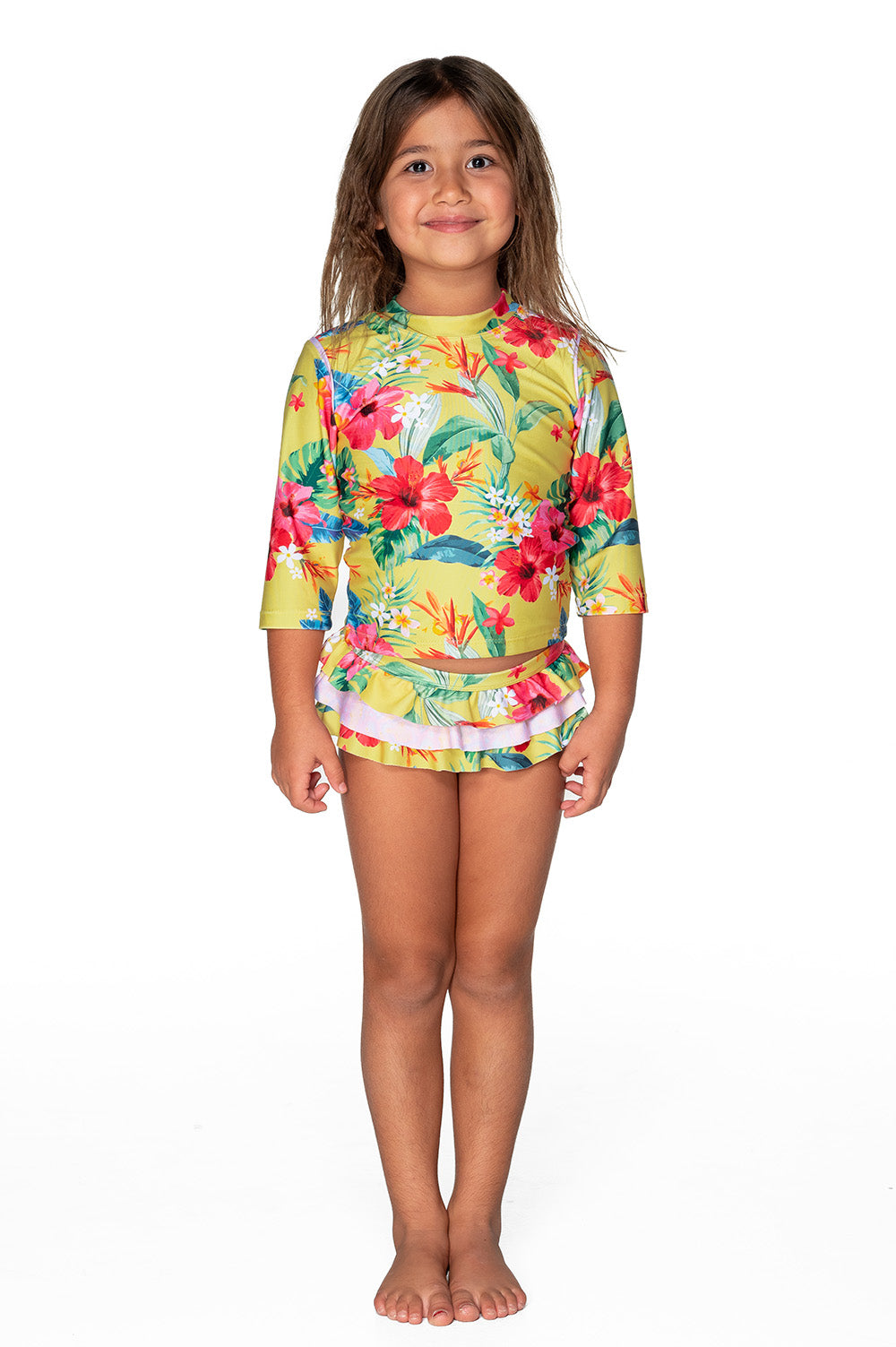 Girls Swim Set - Yellow Hawaiian Floral - Lei - Front