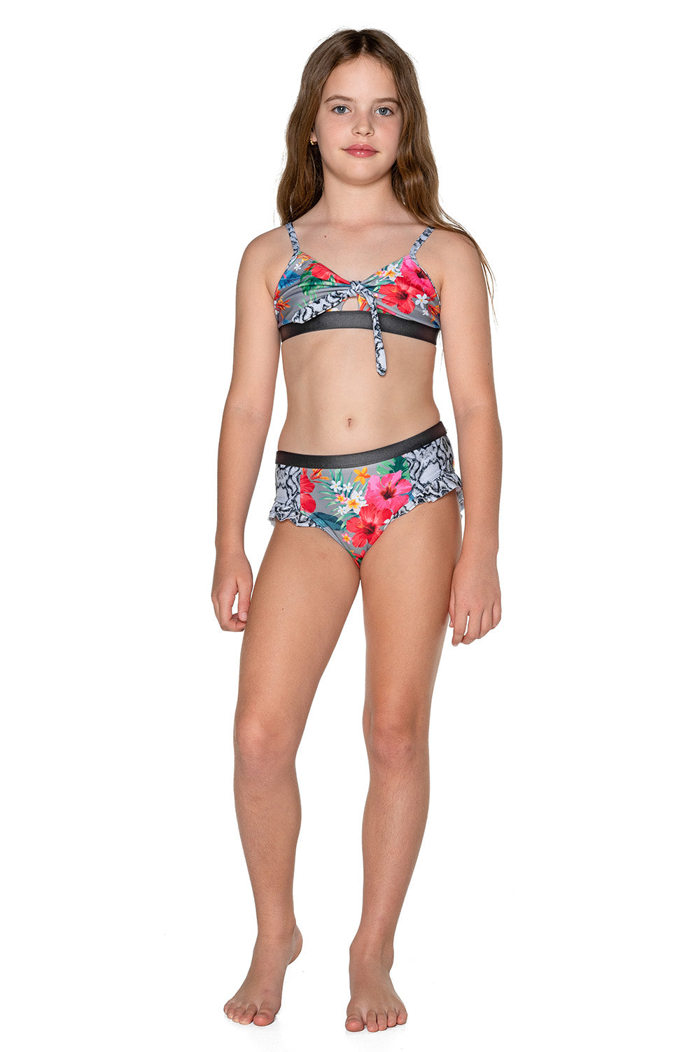 Girls Bikini Rashie Swim Set - Grey Hawaiian Floral - Isla - Front 2