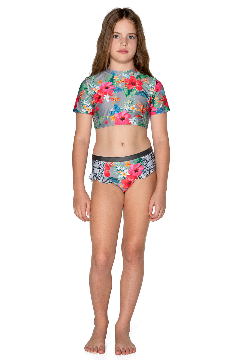 Girls Bikini Rashie Swim Set - Grey Hawaiian Floral - Isla - Front 1