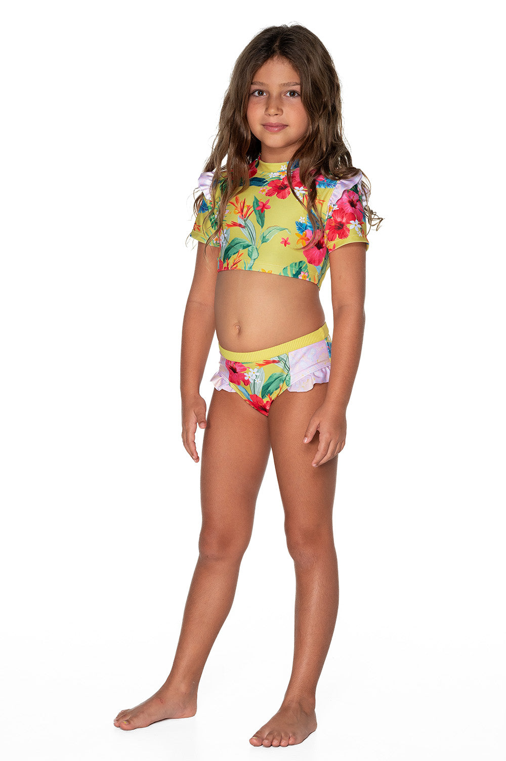 Girls Bikini Rashie Swim Set - Grey Hawaiian Floral - Isla - Front 1
