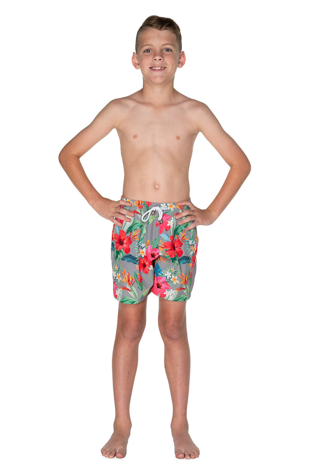 Boys Board Shorts - Grey Hawaiian Floral - Isla - Front