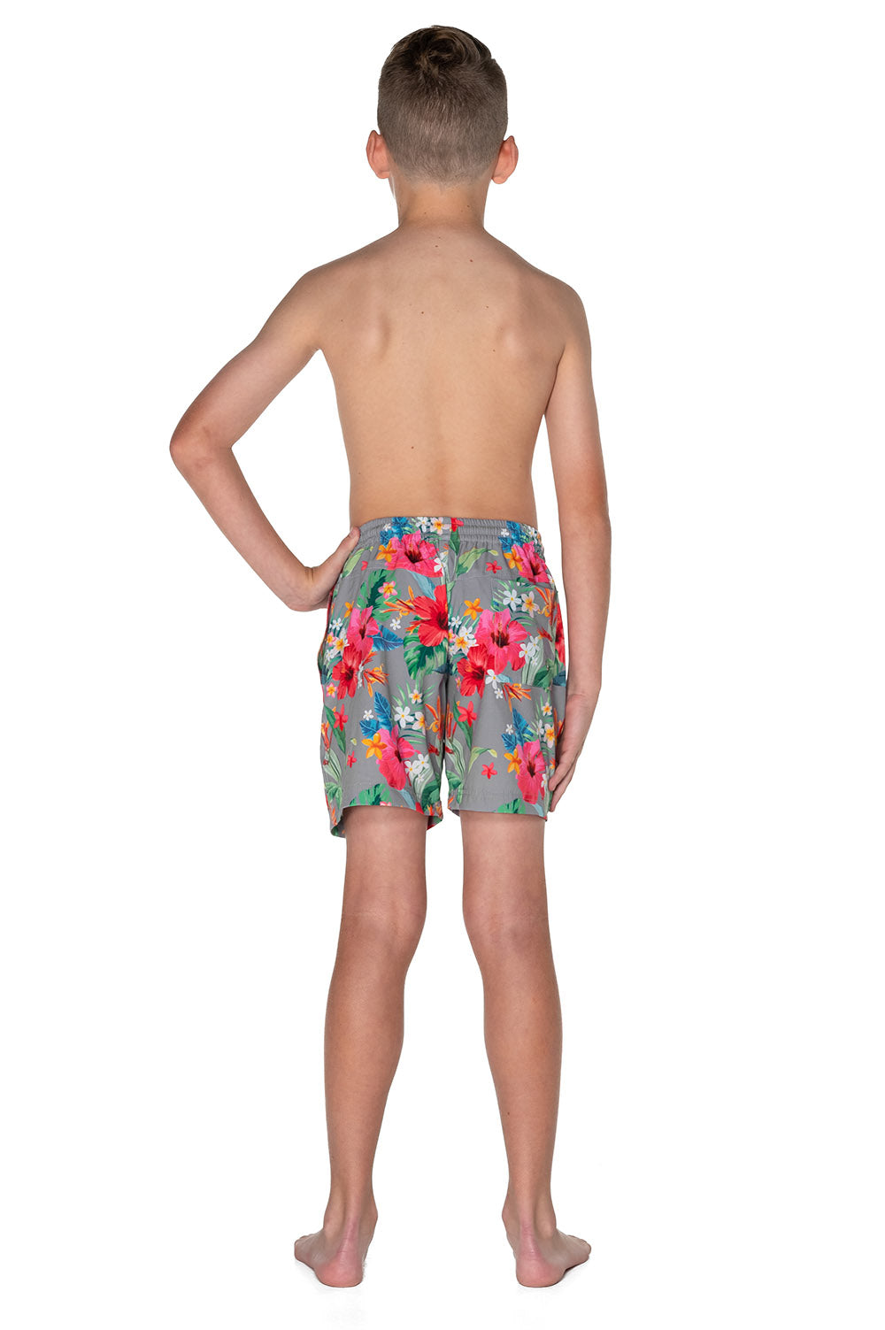 Boys Board Shorts - Grey Hawaiian Floral - Isla - Back