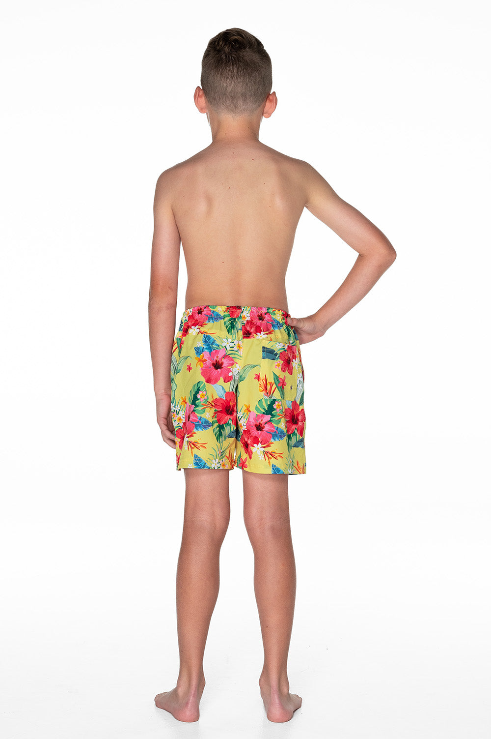 Boys Board Shorts - Yellow Hawaiian Floral - Lei - Back