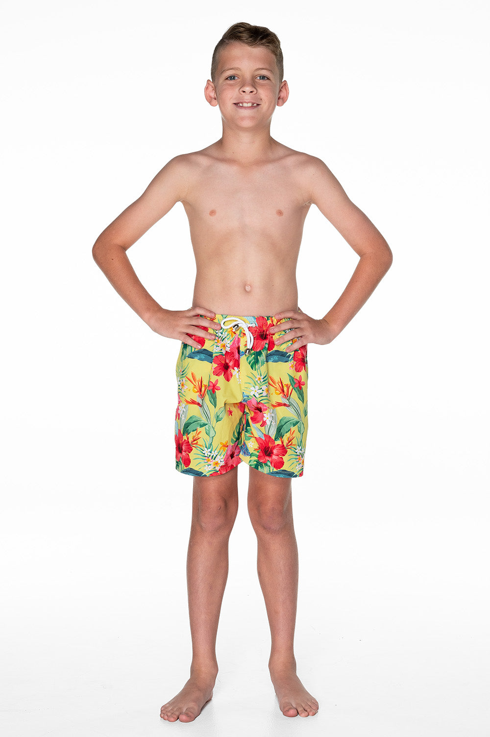 Boys Board Shorts - Yellow Hawaiian Floral - Lei - Front