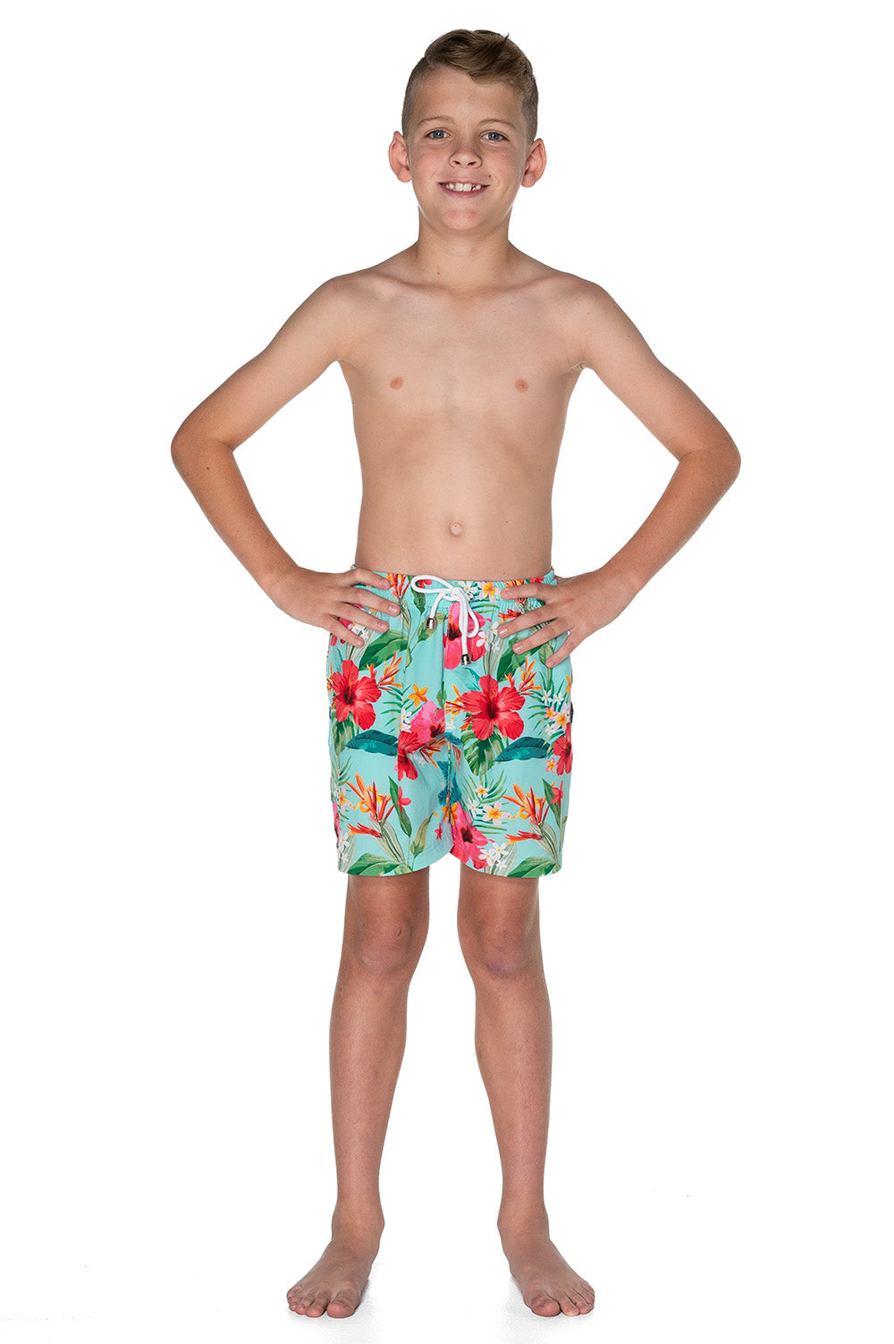 Boys Board Shorts - Blue Hawaiian Floral - Moana - Front