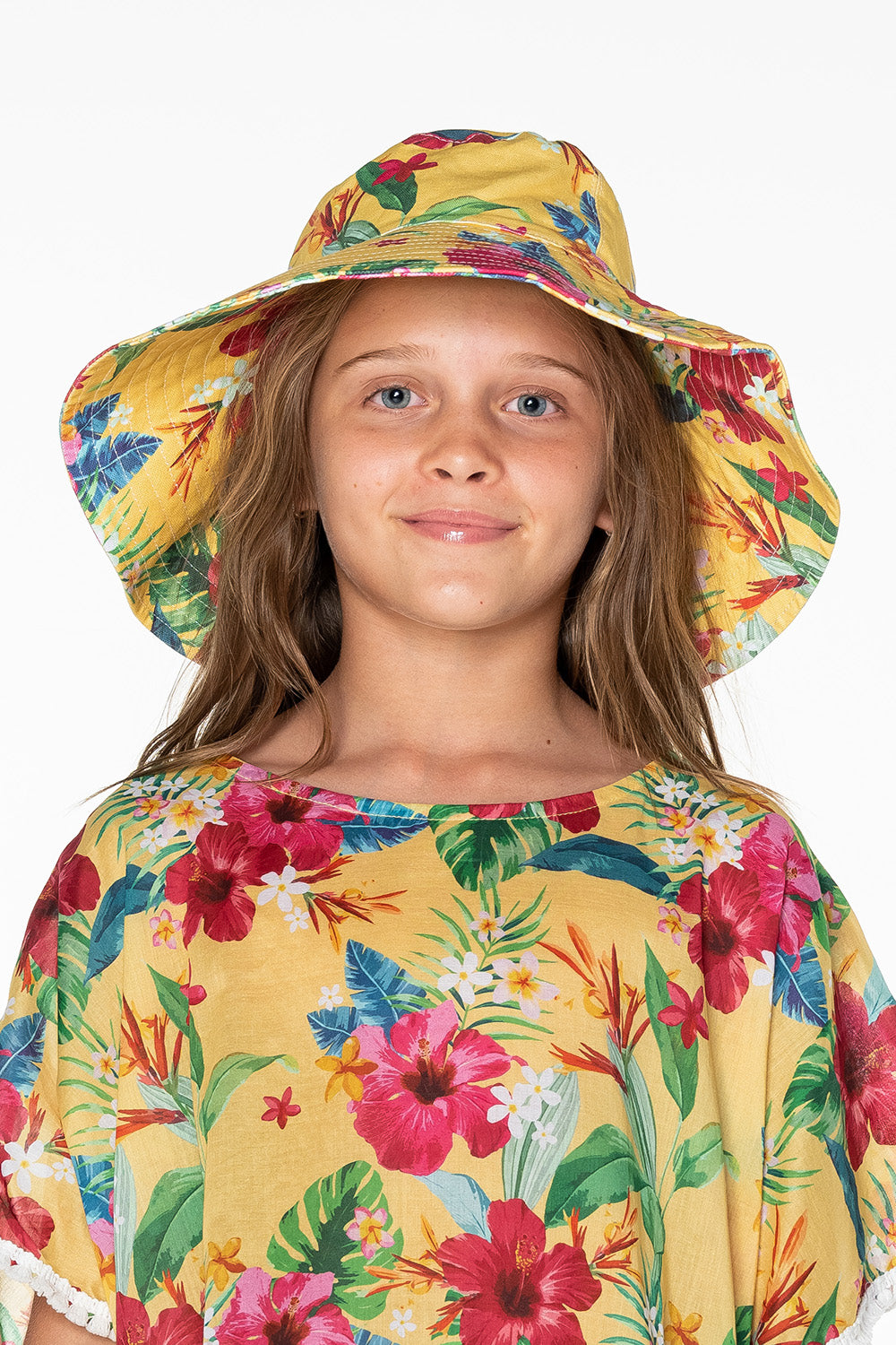 Girls Bucket Hat - Yellow Hawaiian Floral - Lei
