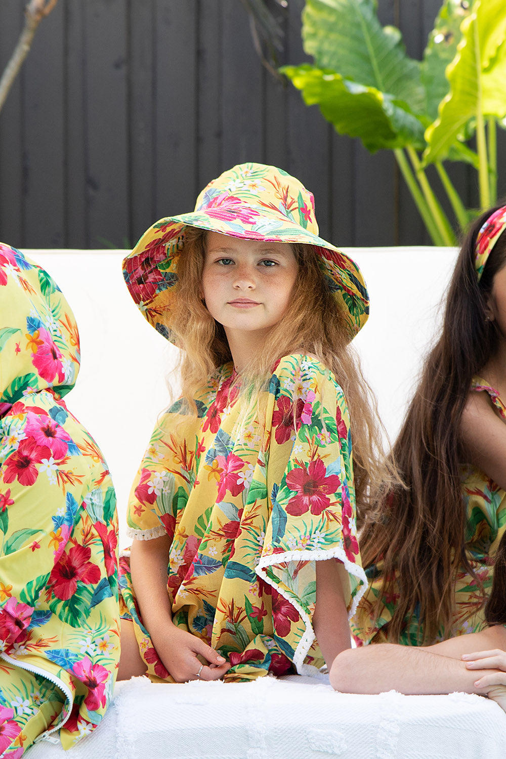 Girls Bucket Hat - Yellow Hawaiian Floral - Lei - Lifestyle 1