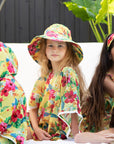 Girls Bucket Hat - Yellow Hawaiian Floral - Lei - Lifestyle 1