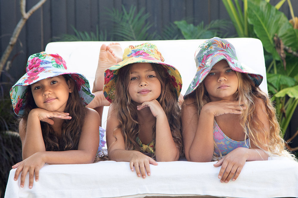 Girls Bucket Hat - Grey Hawaiian Floral - Isla - Lifestyle 3