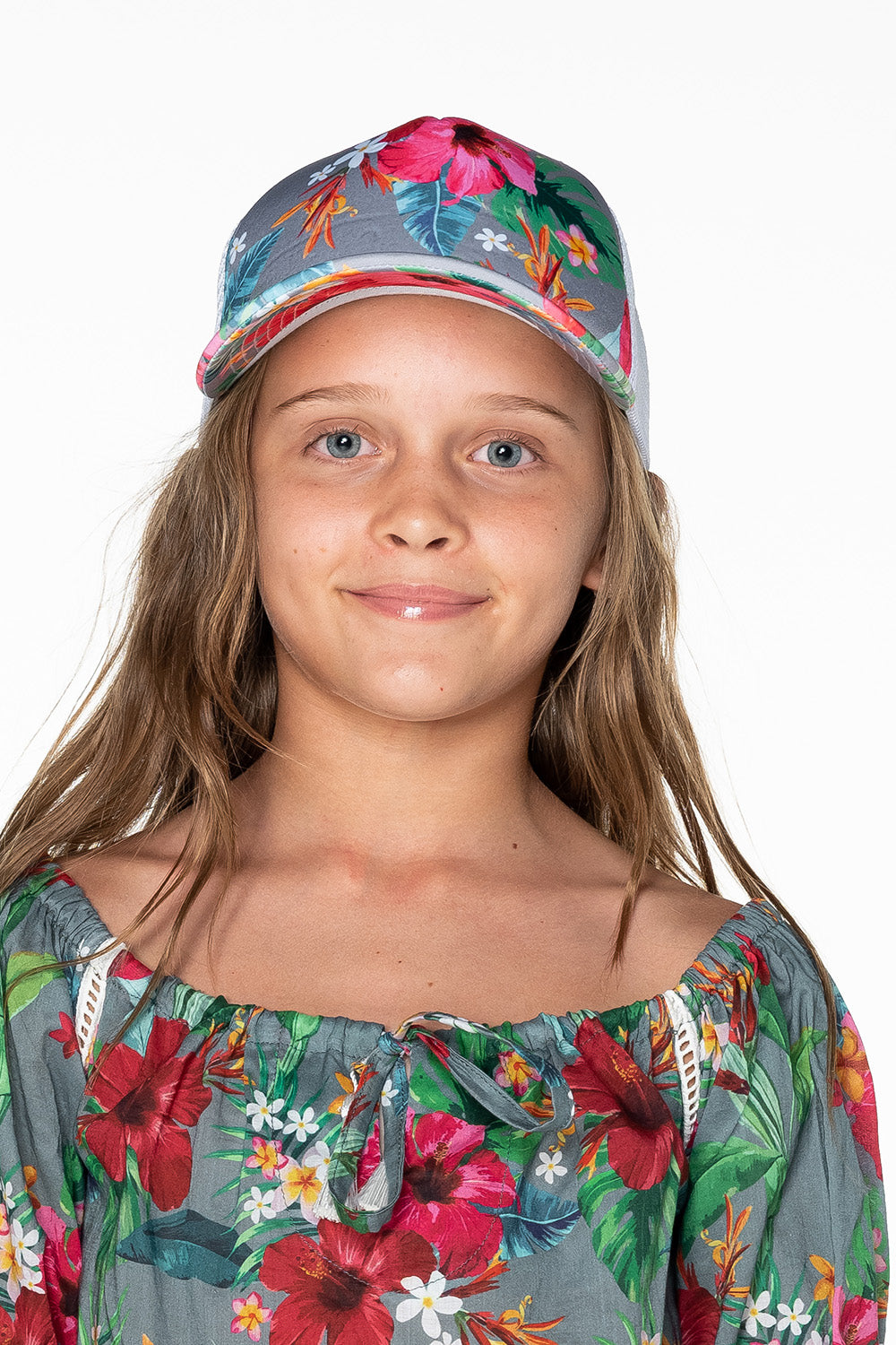 Girls Trucker Cap - Grey Hawaiian Floral - Isla