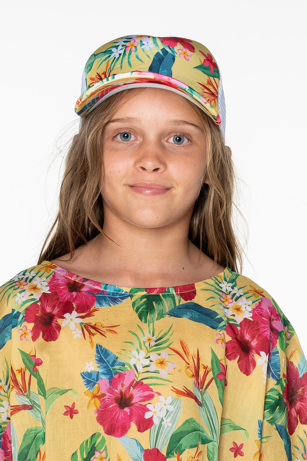 Girls Trucker Cap - Yellow Hawaiian Floral - Lei