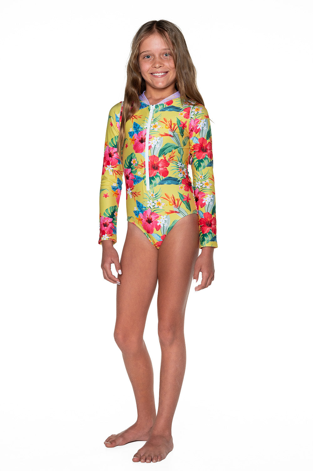 Girls Long Sleeve Zip Swimsuit - Yellow Hawaiian Floral - Lei - Front