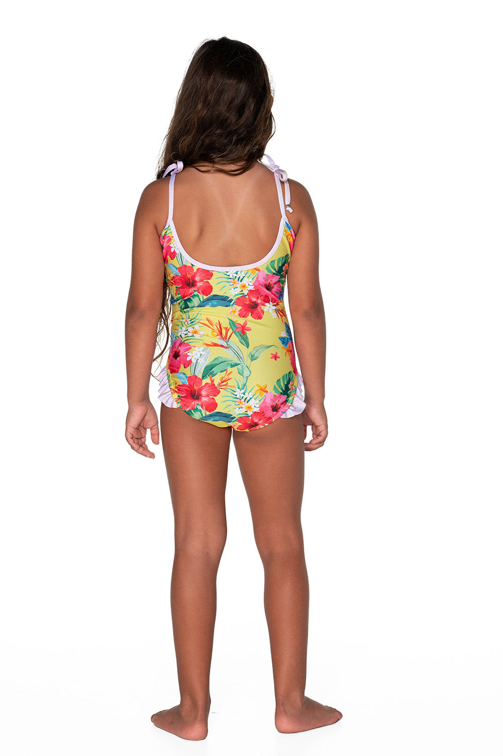 Girls Frilly One Piece Swimsuit - Yellow Hawaiian Floral - Lei - Back