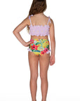 Girls Ruched Bikini - Yellow Hawaiian Floral - Lei - Back
