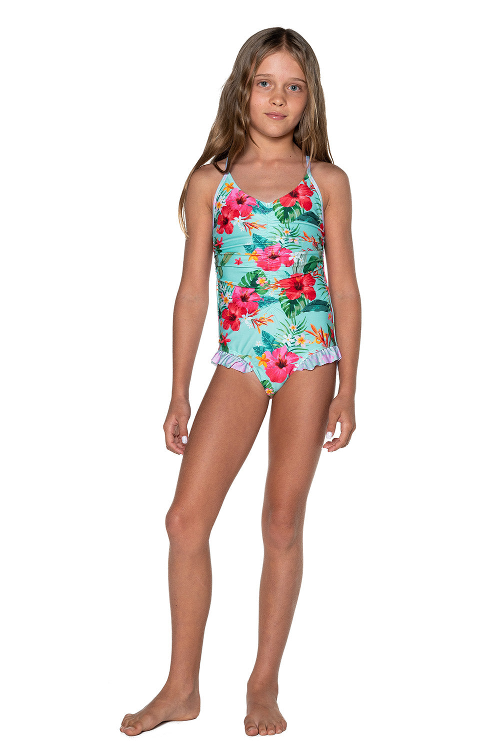 Girls Frilly One Piece Swimsuit - Blue Hawaiian Floral - Moana - Front