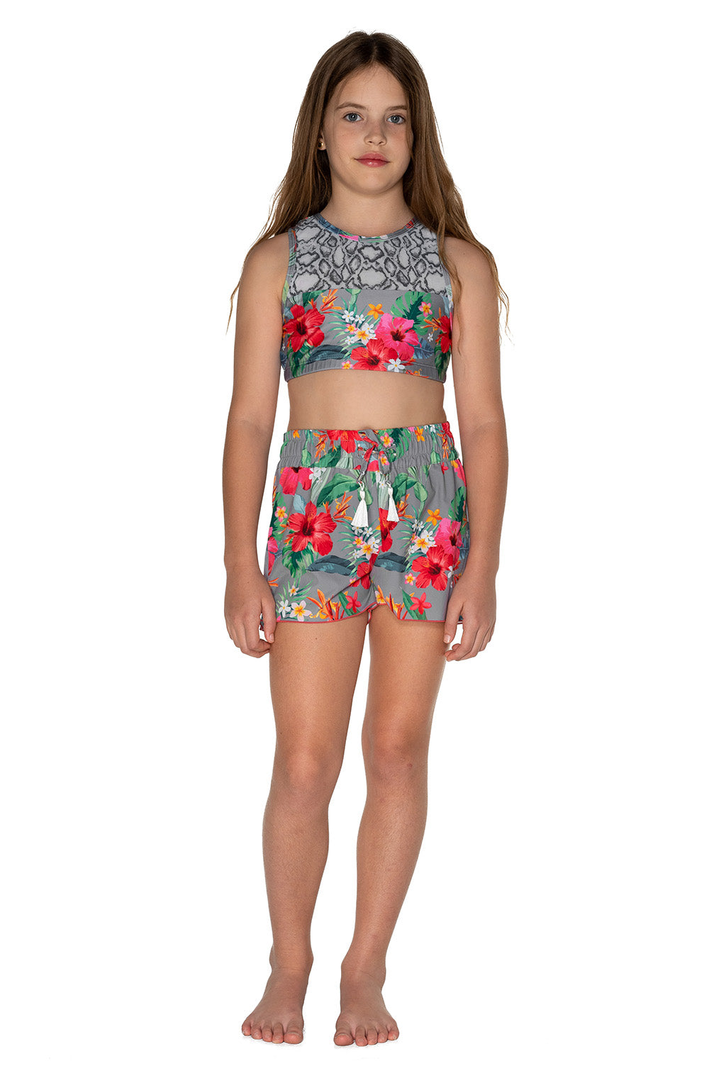 Girls Board Shorts - Grey Hawaiian Floral - Isla - Front
