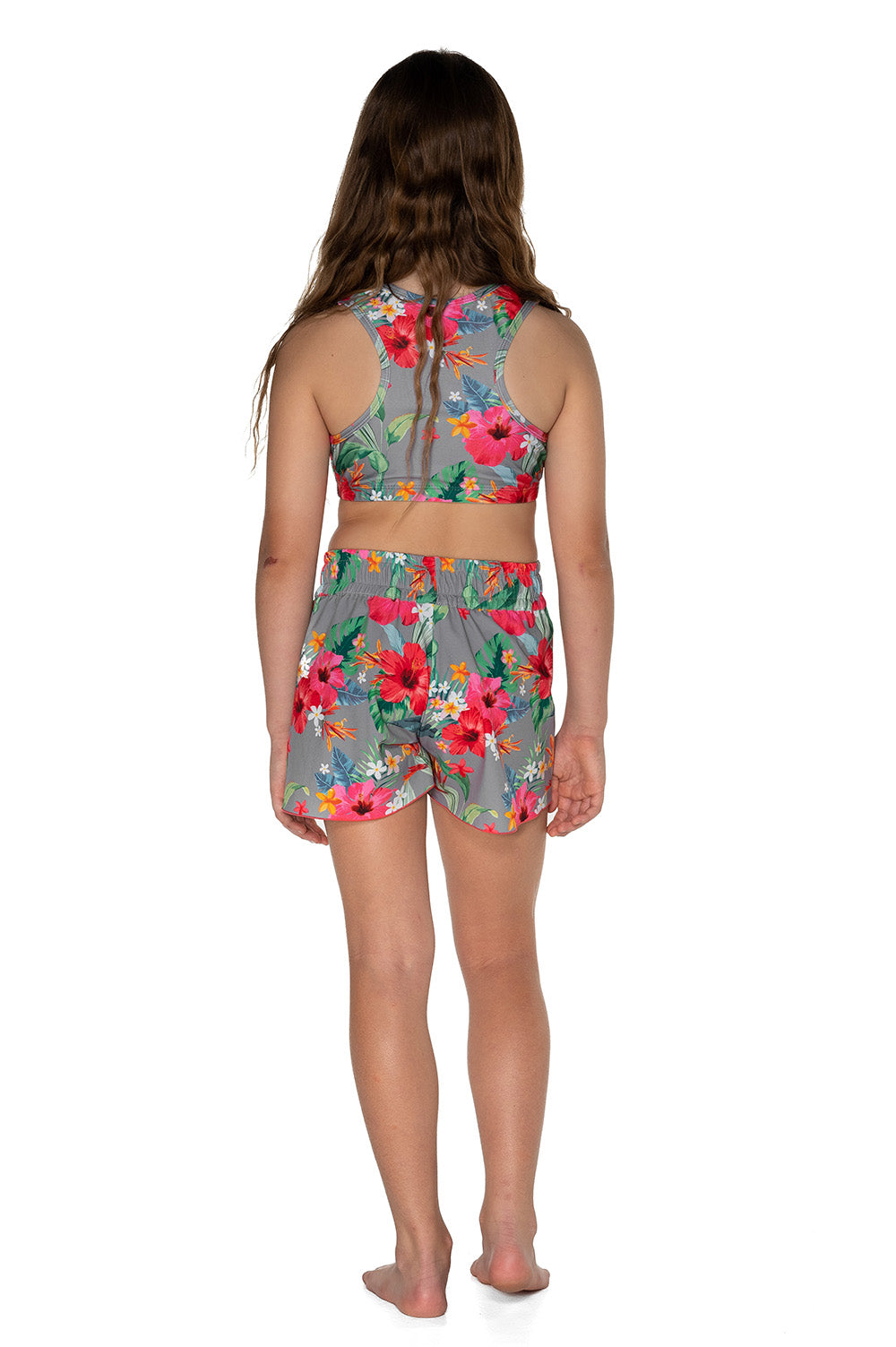Girls Board Shorts - Grey Hawaiian Floral - Isla - Back