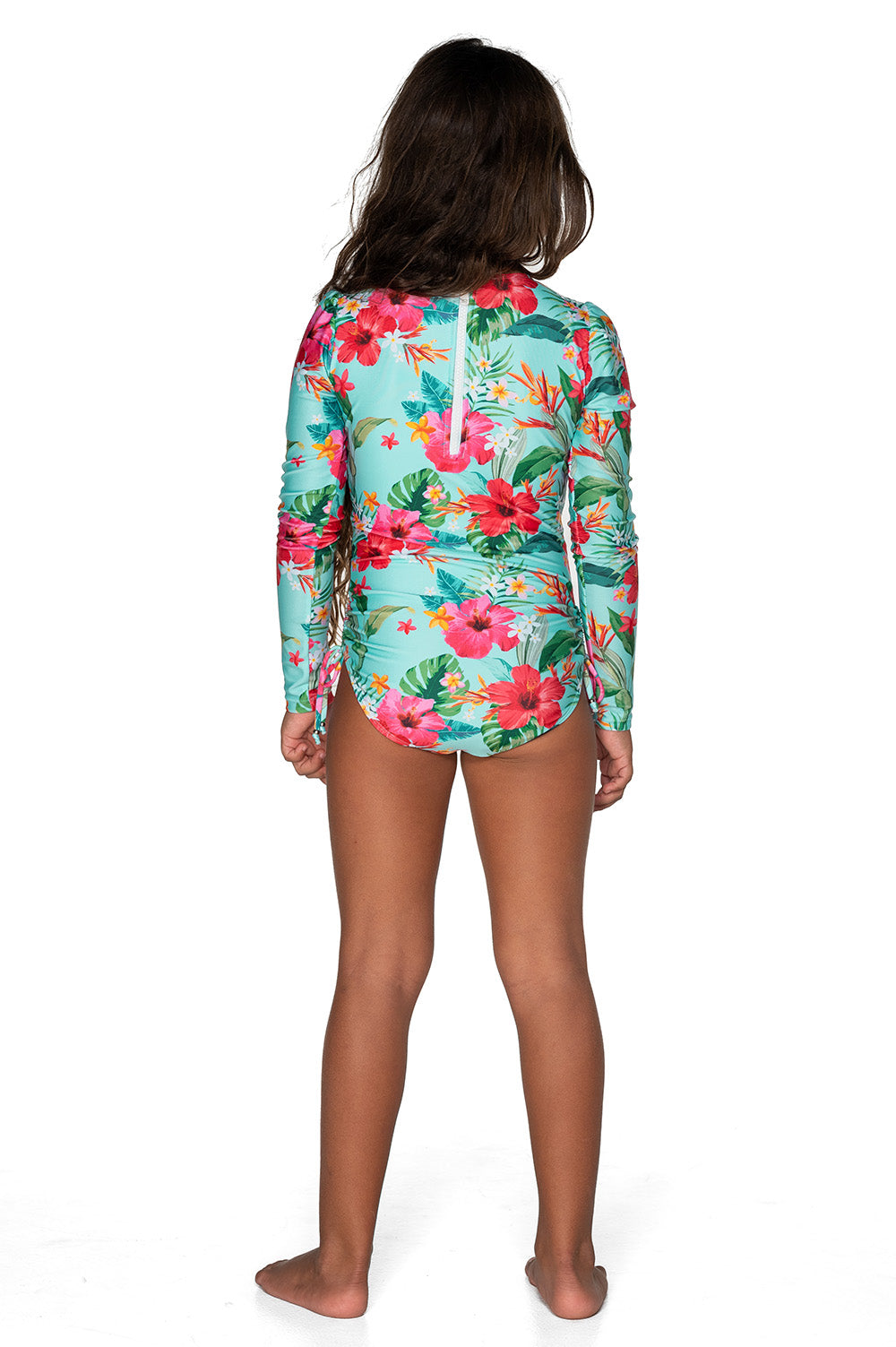 Girls Long Sleeve Swimsuit - Blue Hawaiian Floral - Moana - Back