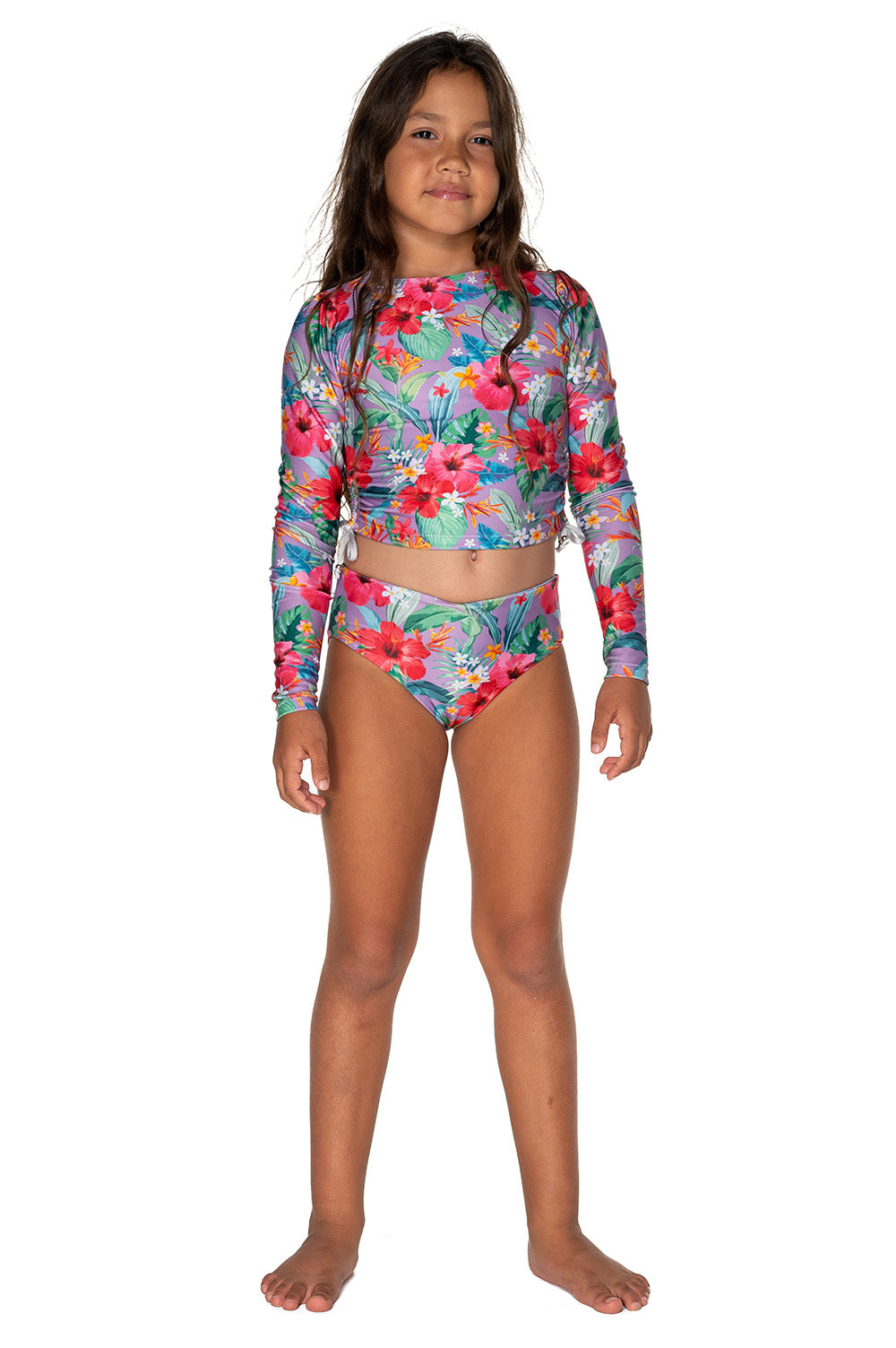 Girls Long Sleeve Swim Set - Purple Hawaiian Floral - Ayanna - Front 2