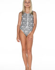 Girls Zip One Piece Swimsuit - Monochrome Snakeskin - Cayman - Front