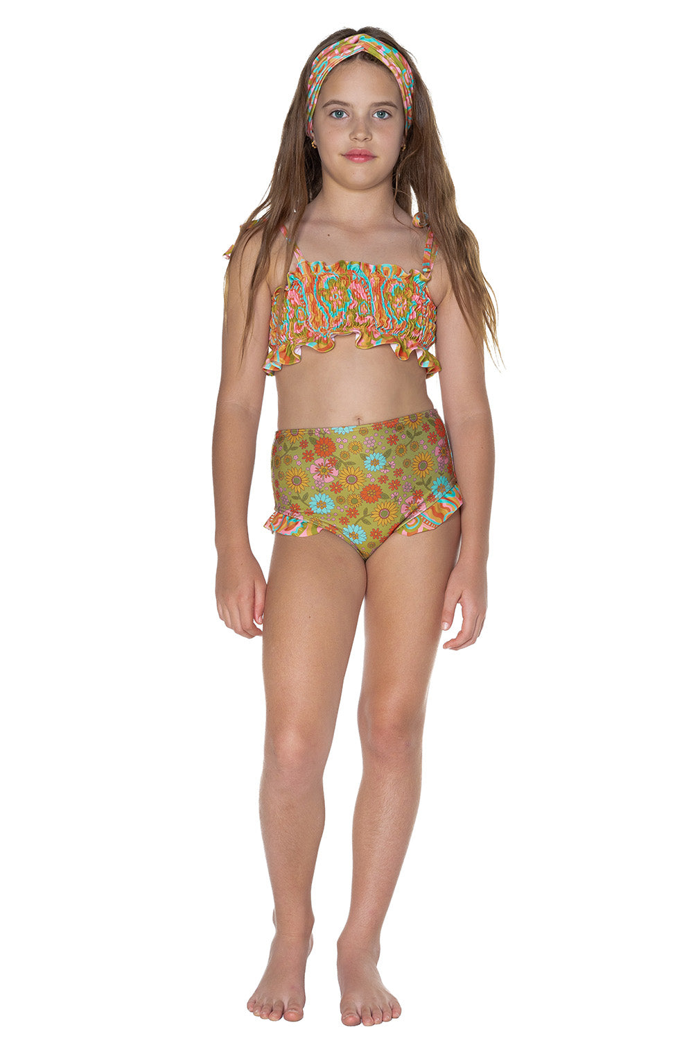 Girls High Waisted Ruched Bikini - Green Retro - Lilly - Front