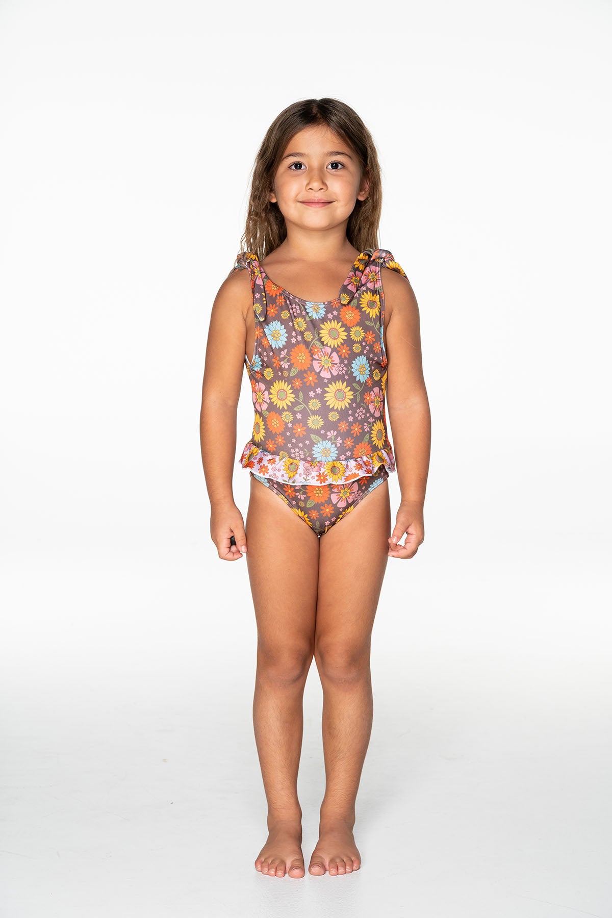 Girls Frilly One Piece Swimsuit - Brown Floral - Poppy - Front