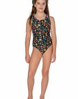 Girls Zip One Piece Swimsuit - Black Retro - Lola - Front