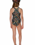 Girls Zip One Piece Swimsuit - Black Retro - Lola - Back