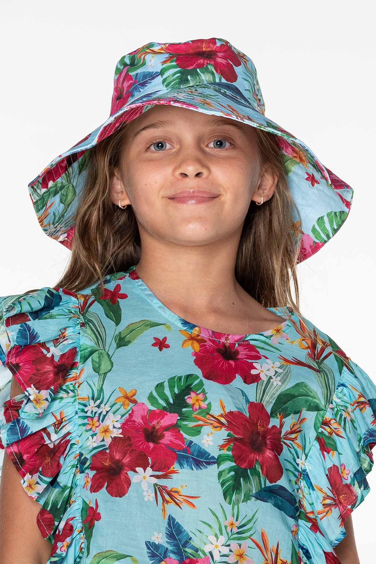 Girls Bucket Hat - Blue Hawaiian Floral - Moana